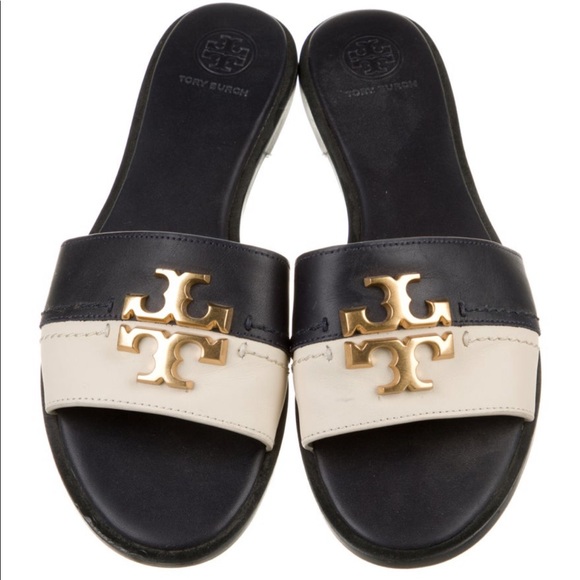 Tory Burch Shoes - Tory Burch Slide Colorblock Eleanor Gold Logo Flat Sandals